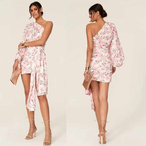Bronx and Banco Layla Mini Dress Pink Floral One Shoulder Ruched Party Sz XS - Picture 1 of 7